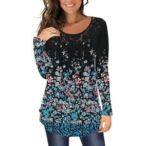 Long Sleeve Floral Tunic Flare Loose Lace Blouse Sz XL